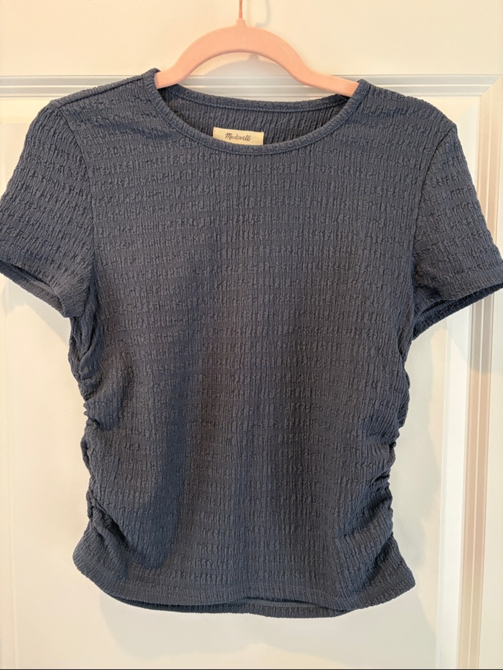 Madewell Slate Blue Textured Short Sleeve Tee with Side Ruching